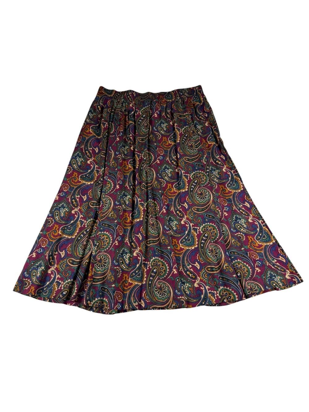 Vintage Venezia Midi Skirt Womens Size 24 Plus Paisley Rayon Elastic Waist USA